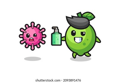 illustration of lime character chasing evil virus with hand sanitizer , cute style design for t shirt, sticker, logo element