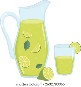 Illustration with lime lemonade with mint in a glass pitcher. Summer refreshing citrus drink 