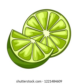 Illustration of limes whole and slices. Green stylized citrus fruits.