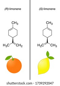 Illustration von Limonen, einem chiralen Molekül in Orange und Zitrone.