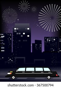 Illustration of a Limousine Driving Around a City Illuminated by Fireworks