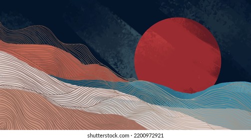 illustration of line abstract mountains with blue and orange rough texture