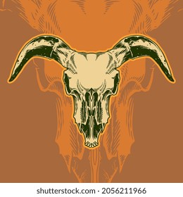 Illustration of line art with an animal theme using a skull object from a goat head. Horns head devil t-shirt design. Vector illustration in vintage retro style