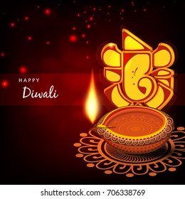 Illustration of  Line art based Lord Ganesh ji with Floral decorated Diya / Burning Lamp  , and Happy Diwali text on  festival background for Happy Deepavali festival celebration.