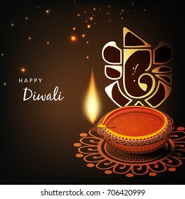 Illustration of  Line art based Lord Ganesh ji with Traditional Floral decorated Diya / Burning Lamp  , and Happy Diwali text on  festival background .