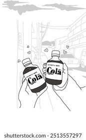 Ilustración de la línea de arte de botellas de cola en la mano con vista de la ciudad en el fondo 