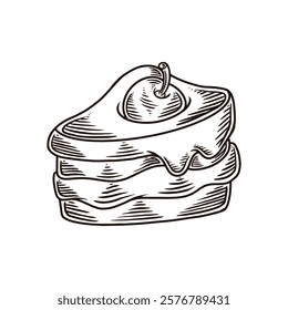 Illustration line art of a slice of cherry sandwich cake with delicious cream, pastel colors