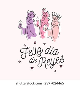 An illustration of line art three kings, Spanish quote Feliz Dia de Reyes, Happy Kings Day.