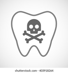 Illustration of a line art tooth icon with a skull