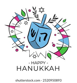 An illustration of line art wooden toy Dreidels with Hebrew alphabet letters a traditional Hanukkah game. Happy Hanukkah vector design