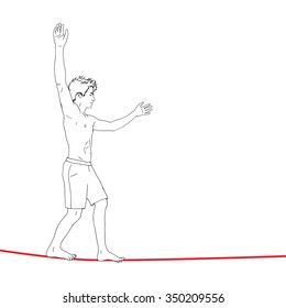 Illustration line art of a young man walking sidewards on a tight line with his arms lifted