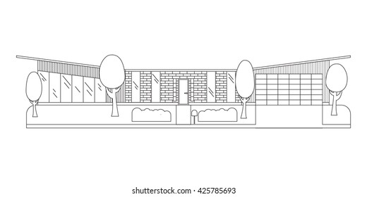Illustration with the line the building and trees. Vector the line house with windows a roof a door.line icon suburban  house.country house. country cottage 