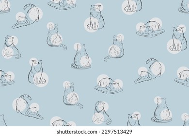 Illustration line of cat with circle on soft blue background.