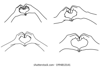 Illustration line drawing a close up woman and man hands showing sign or shape of hearts. Heart hand gesture. Hands of two people in love making heart with fingers. Heart design for shirt or jacket