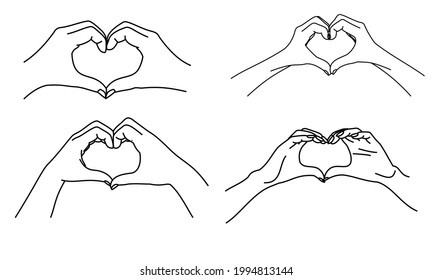 Illustration line drawing close up woman   man hands showing sign shape hearts  Heart hand gesture  Hands two people in love making heart and fingers  Heart design for shirt jacket