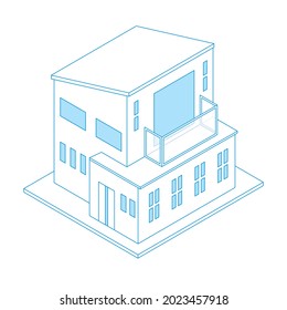 Illustration line drawing of a detached house. Two stories, isometrics three-dimensional illustration