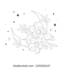 Illustration with a line drawing of flowers and the moon. No color, only outline.