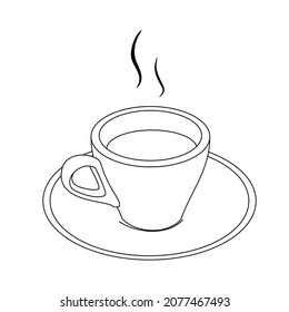Illustration line drawing a fresh hot cup of coffee or tea. Cup of italian or americano  strong coffee espresso. Breakfast concept or vintage. Have a nice day! Isolated on white background
