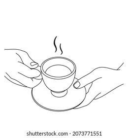 Illustration line drawing a hands holding a fresh cup of coffee or tea hot. Cup of italian or americano coffee espresso. Breakfast concept or vintage. Have a nice day! Isolated on white background