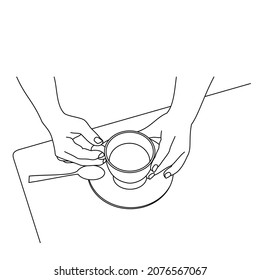 Illustration line drawing a hands holding a fresh cup of coffee or tea hot. Cup of italian or americano coffee espresso. Breakfast concept or vintage. Have a nice day! Isolated on white background