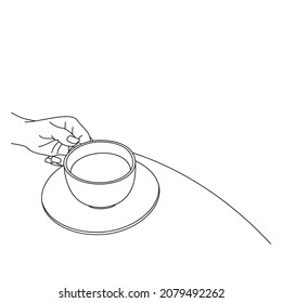 Illustration line drawing a hands holding a fresh cup of coffee or tea hot. Cup of italian or americano coffee espresso. Breakfast concept or vintage. Have a nice day! Isolated on white background