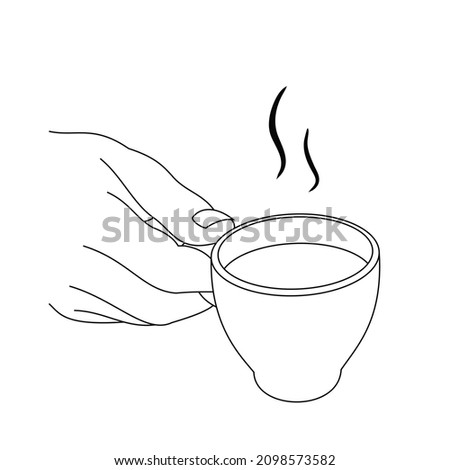 Illustration line drawing a hands holding a fresh cup of coffee or tea hot. Cup of italian or americano coffee espresso. Breakfast concept or vintage. Have a nice day! Isolated on white background