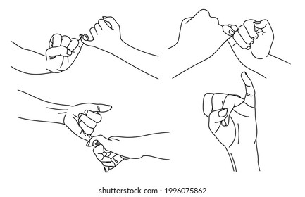 Illustration line drawing a hands making promise as a friendship concept. Loving couple holding hands. Hands of two people hook their little fingers together. Pinky promise design for shirt or jacket