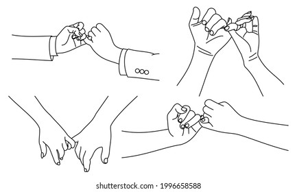 Illustration line drawing a hands making promise as a friendship concept. Loving couple holding hands. Hands of two people hook their little fingers together. Pinky promise design for shirt or jacket