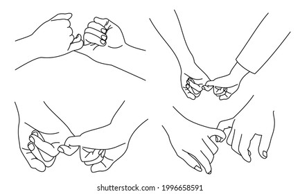 Illustration line drawing a hands making promise as a friendship concept. Loving couple holding hands. Hands of two people hook their little fingers together. Pinky promise design for shirt or jacket