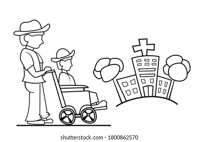 Illustration line drawing people helping to push the sick or old people to the hospital