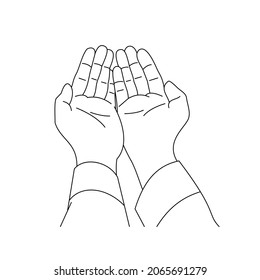Illustration line drawing of a two hand open for praying. For ramadan, eid al fitr, or church concept. Begging for forgiveness and believe in goodness. Prayer to god with faith and hope. Belief in god