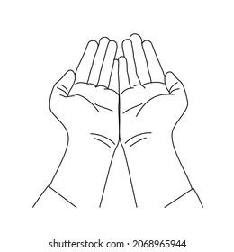 Illustration line drawing of a two hand open for praying. For ramadan, eid al fitr, or church concept. Begging for forgiveness and believe in goodness. Prayer to god with faith and hope. Belief in god