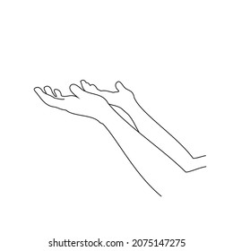 Illustration line drawing of a two hand open for praying. For ramadan, eid al fitr, or church concept. Begging for forgiveness and believe in goodness. Prayer to god with faith and hope. Belief in god