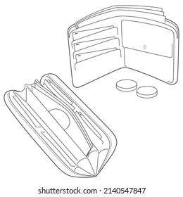 Illustration Of Line Drawing Of Wallet, Cash, Cash Card.