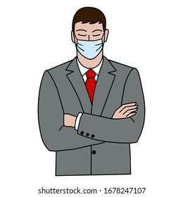 Illustration line drawing of a young businessman sick wearing medical face masks to protect from diseases, air pollution, coronavirus, sars, flu or mers-cov.