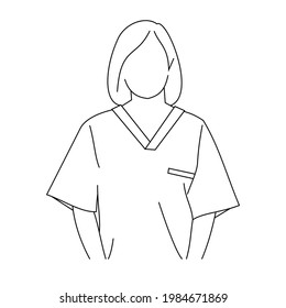 Illustration line drawing of a young medical doctor professional wearing uniform scrubs and a phonendoscope or stethoscope. A portrait of a doctor looking at the camera isolated on white background