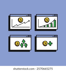 Illustration of line graphs, charts, and financial symbols representing growth and success. Vibrant hand-drawn style on blue background for presentations or articles about finance and business.