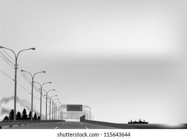 illustration with line of street lamps near road