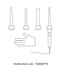 Illustration of a linear black hair curler on a white background with three replaceable nozzles of different thicknesses and a glove so as not to burn yourself.