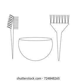 Illustration of a linear black set of three objects for dyeing hair on a white background. Illustration of a bowl for hair dyes, brushes for dyeing hair, brushes with a comb for dyeing hair.
