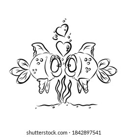 illustration of linear cartoon kissing fish. Fish in love. vector illustration