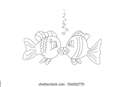 illustration of linear cartoon kissing fish.Fish in love. Fish kiss. Fish cartoon. Fish line. Fish vector illustration. Vector Fish love.
