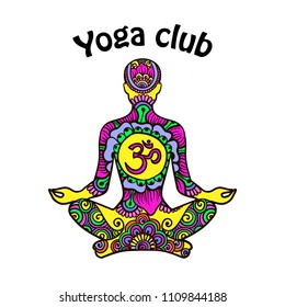 Illustration in Linear Engraving Style. A man of meditation with symbol Om. Symbol of Buddhism. Colorful mehndi pattern with meditator