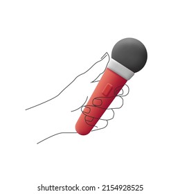 Illustration of linear hand holding 3d red microphone. Vector illustration