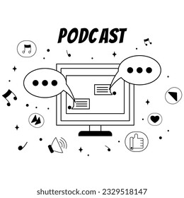 illustration linear podcast , read messages or comments , voice correspondence , communication , vector
