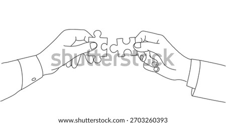 Illustration line-art of two hands joining puzzle pieces, teamwork, partnership, cooperation, unity, problem-solving, and building connections in business.