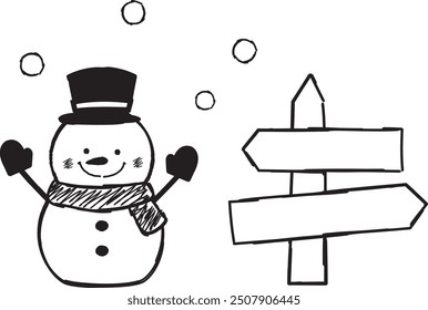 Illustration of a line-drawn snowman wearing gloves and a hat and smiling in front of a wooden information board