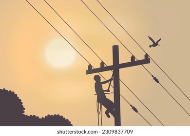 illustration of lineman with electrical installation on the city for electrical service modern vector