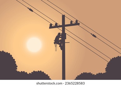 illustration of lineman with electrical installation on the city for electrical service modern vector