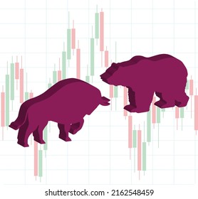 Illustration Of Link Bull And Bear And Stock Market Graph Blur. With White Background